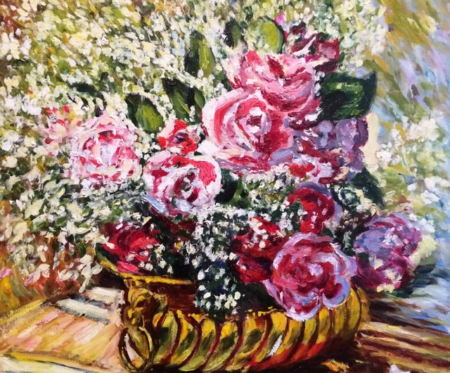 送料無料】ロシア 赤いバラの絵、花の油絵、掛ける絵、クロード・モネ