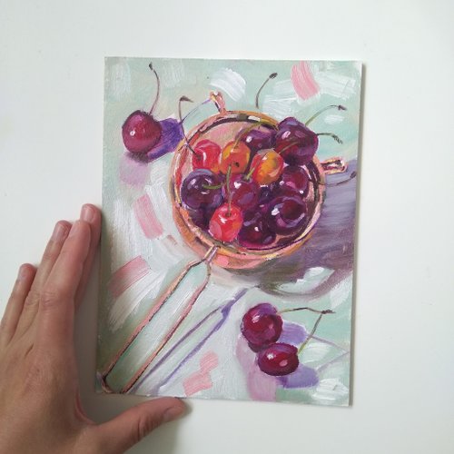 油絵油彩画絵画さくらんぼの絵レトロ風スイーツ画