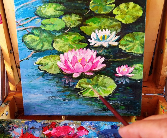 送料無料】ロシア 蓮の絵の花オリジナルアートオイルキャンバス睡蓮