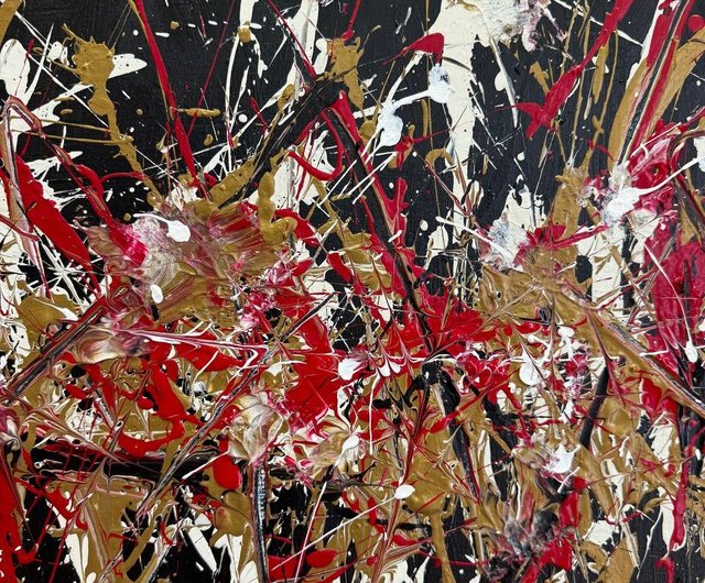 送料無料】スペイン 大きな抽象表現主義のドリップアート、黒地に赤と