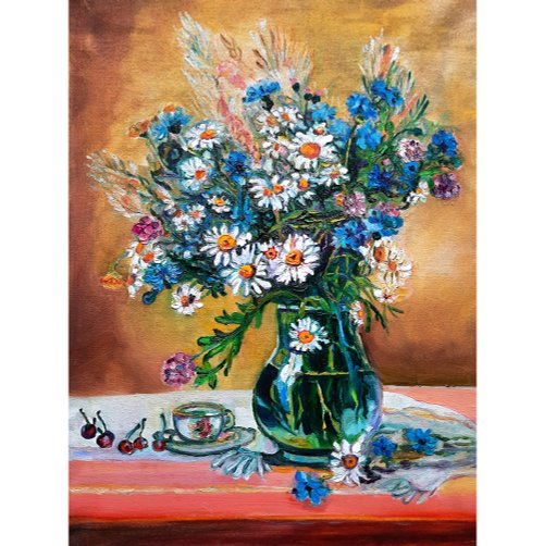 キャンバス油絵 専用 たっぷり入れた花瓶の青いお花 キャンバス油絵