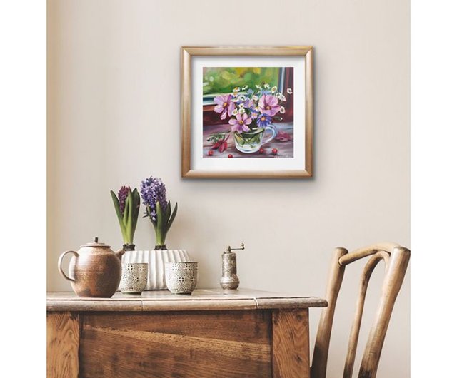 キャンバス油絵 専用 カラフルなお花をたくさん入れた花瓶 happy