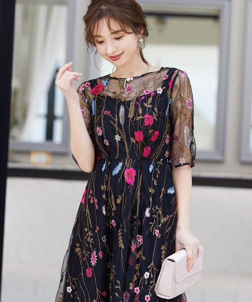 ヴィンテージ風フラワー刺繍結婚式ワンピースドレス（ドレス）｜niana