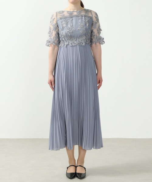 フラワー刺繍 レース 切り替え プリーツロング パーティー ドレス 結婚