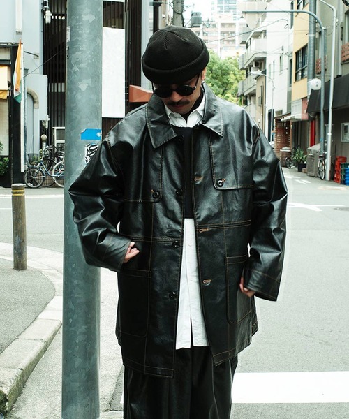 セール】フェイクレザー ウエスタンヨーク 配色ステッチ ミドル丈 カー