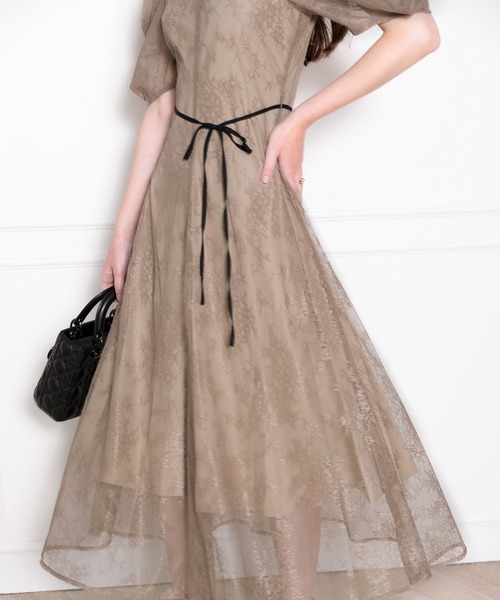 セール】【LEJA】パフスリーブウエストリボン総レースロングドレス