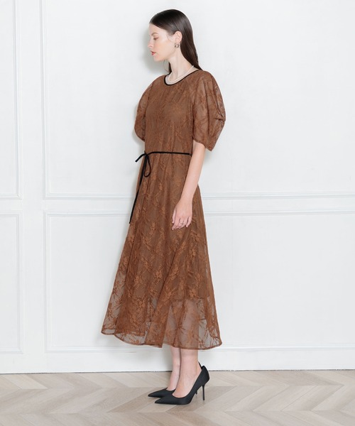 セール】【LEJA】パフスリーブウエストリボン総レースロングドレス