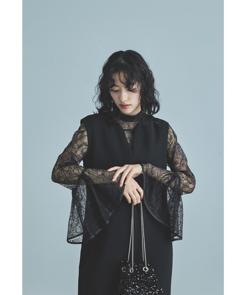 ベルスリーブスリットドレス パーティードレス 結婚式 同窓会 お呼ばれ