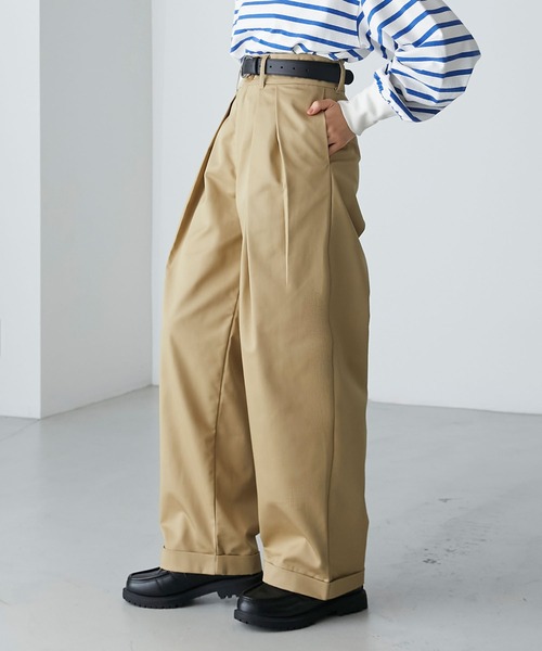 forksy.】ハイウエストツータックワイドテーパードチノパンツ/920N