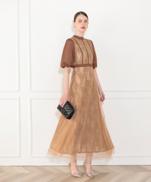 セール】【LEJA】美脚効果ハイウエストチュールレース切り替えドレス