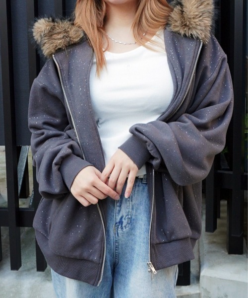 セール】【Bz】ラメボリュームファーZIPパーカー(RZ)（パーカー