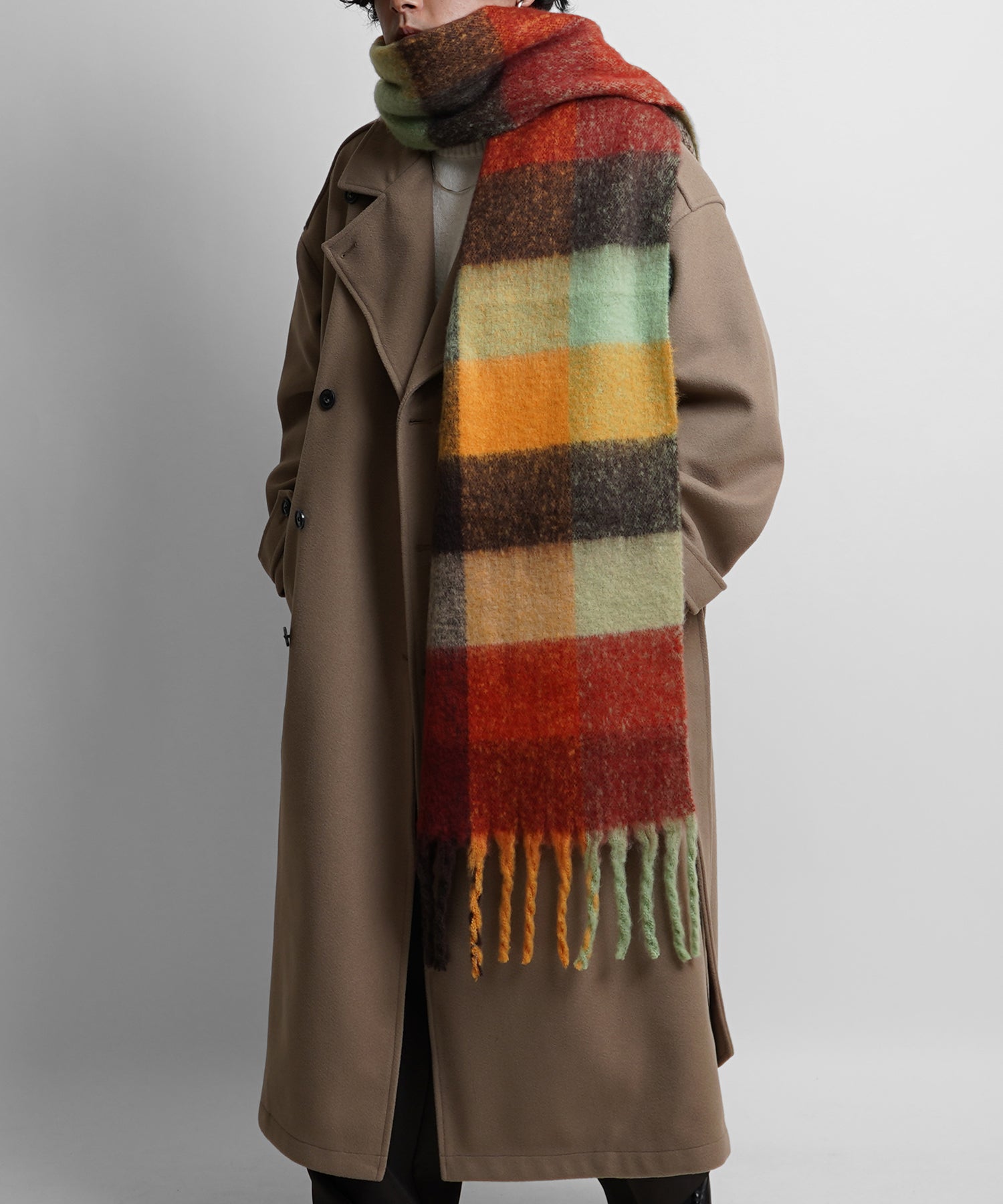 新色追加】ベーシック / チェック柄 ボリュームフリンジ大判マフラー