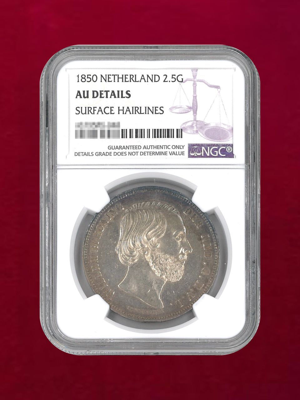 オランダ】2.5ギルダー 銀貨 1850 NGC AU DETAILS SURFACE HAIRLINES