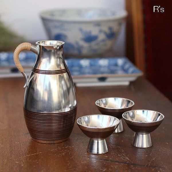 本錫製 松竹梅 盃台 三つ組盃 錫器 酒器 工芸品 金属