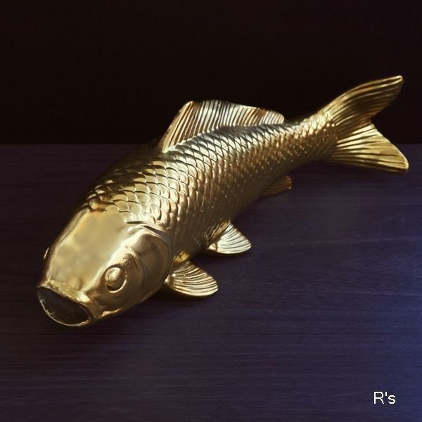 鯉の滝のぼり 陶器製 金鯉オブジェ 置物 花生け ユーズド品（店3062