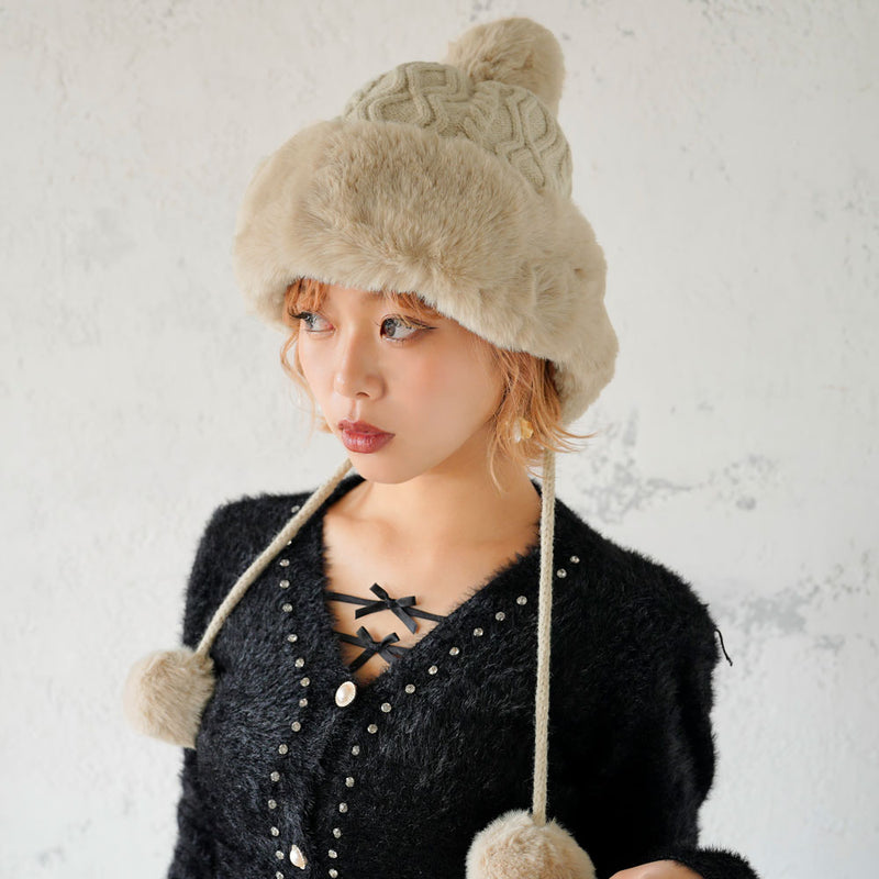 CA4LAカシラ フォックスファー ポンポン ニット帽 モヘア シルク混
