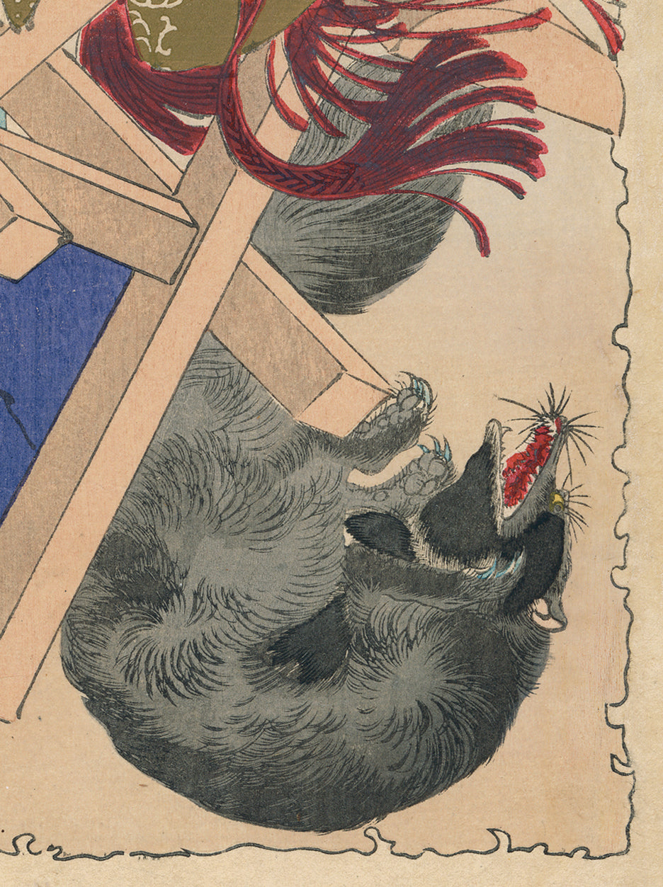 暖簾『鳥獣戯画 弓 腕比べ』水墨画家による肉筆 一点物 水墨画