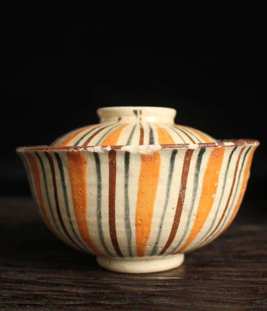 K0513-2 瀬戸織部 麦藁手 蓋付茶碗 白洲正子 麦わら 民芸 線 縞