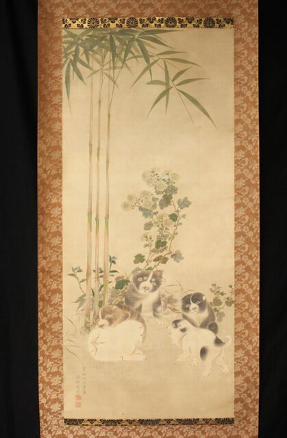 真作/小林立堂/仔犬図/犬図/子犬図/小犬図/掛軸☆宝船