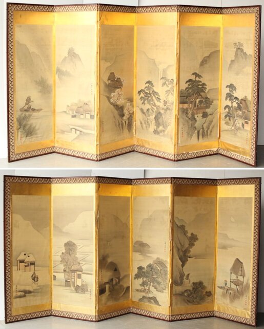 東東洋 屏風 六曲一双 絹本肉筆 法眼東洋 金地 日本画 Z421｜骨董店