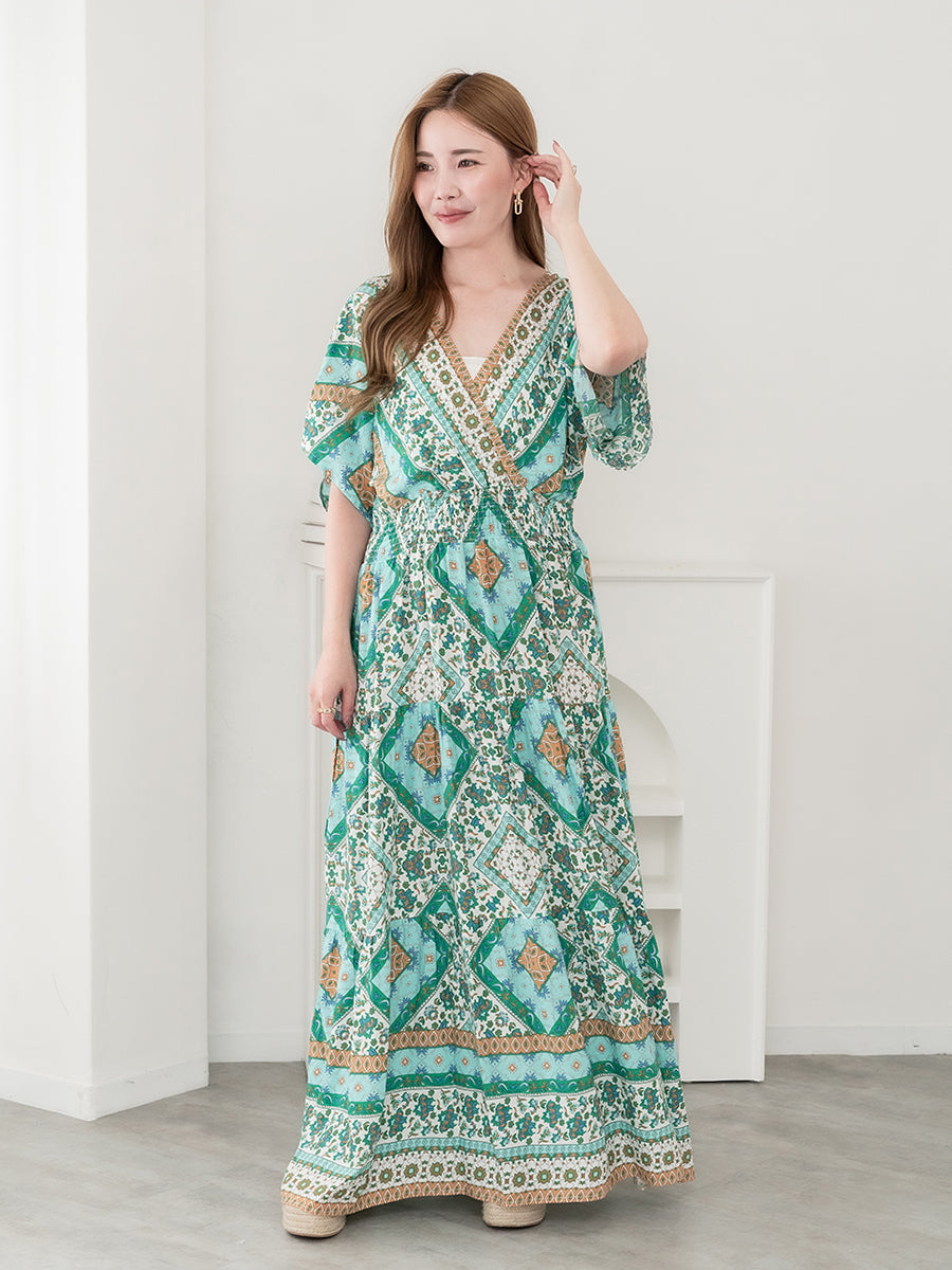 roomy by the sea(ルーミーバイザシー)タイル柄半袖フレアマキシ