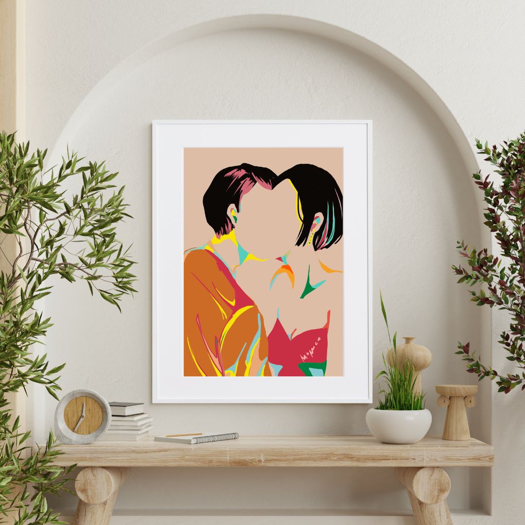 色で輪郭を捉え愛を表現したポップなアートポスター『名もないキス