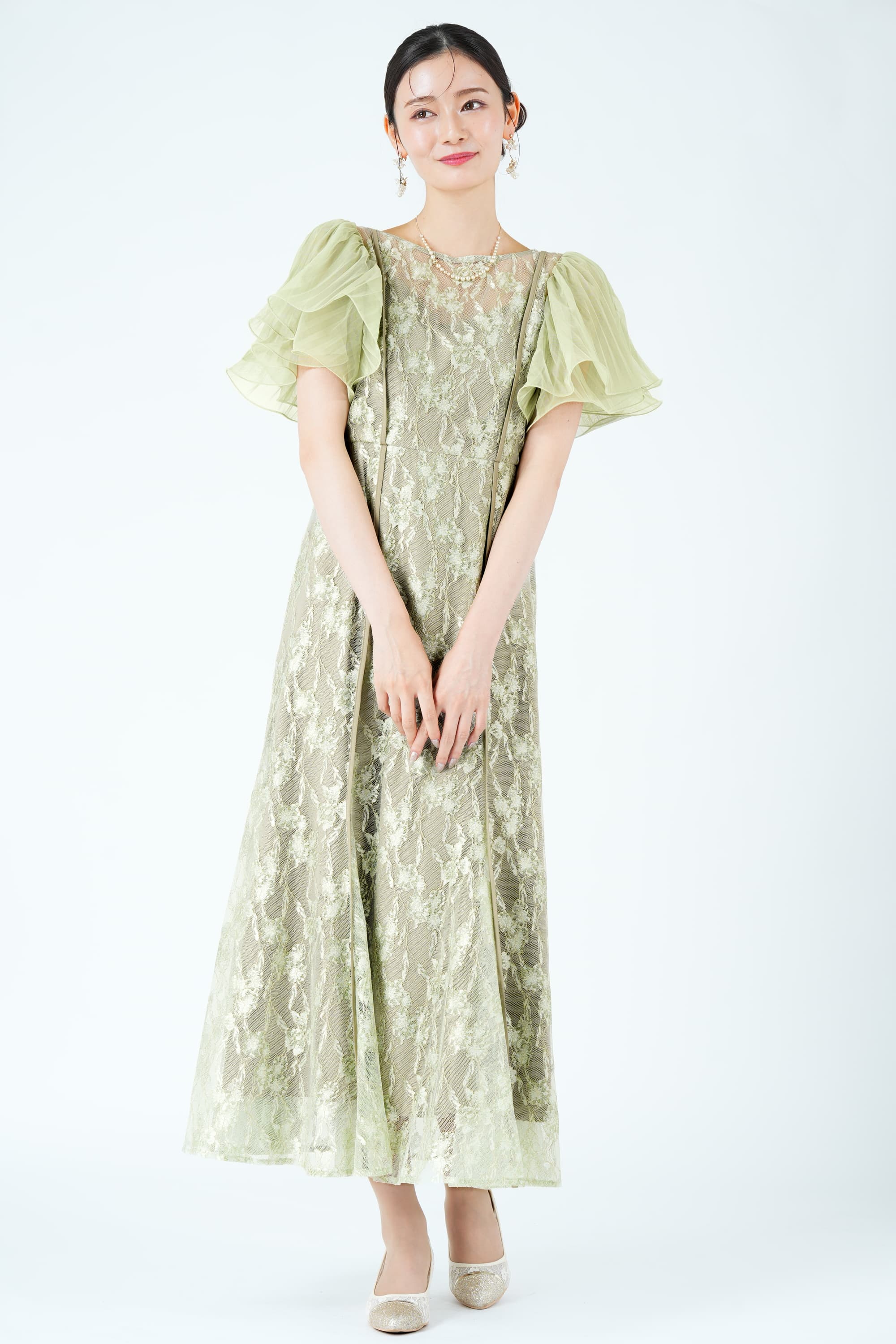 Dorry Doll ラッフルスリーブ総レースグリーンドレス (M) をレンタル