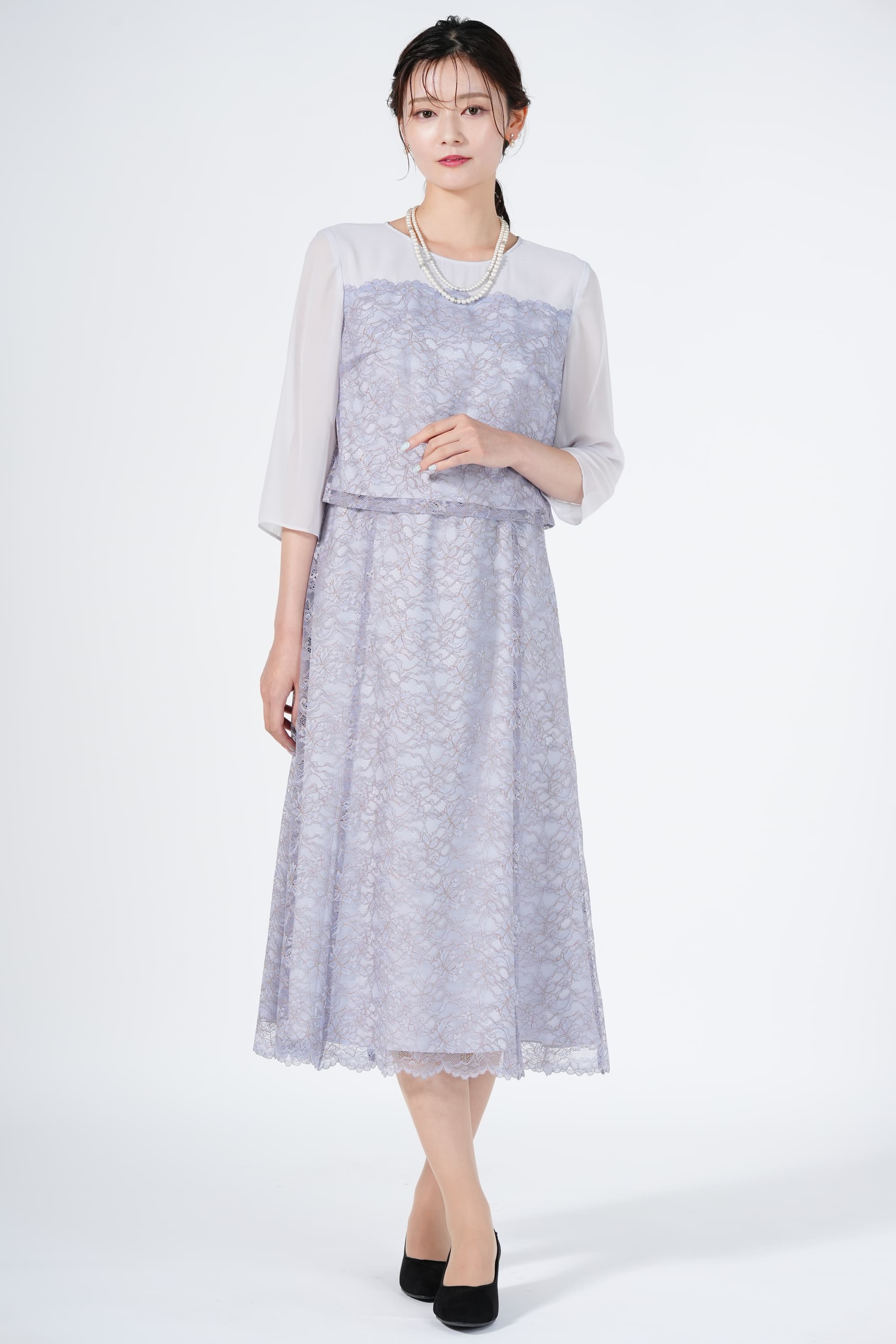 RIFANNE 東京ソワール スカラップ裾レースくすみブルードレスセット (M