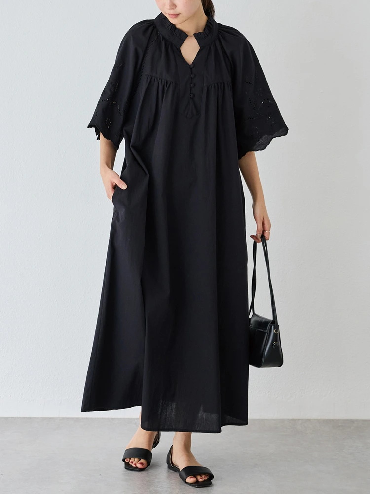 ブラック 【LAVEANGE(ラビアンジェ)】クラフト刺繍ギャザーワンピース