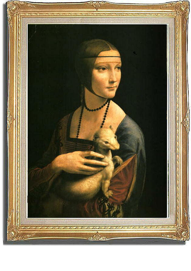 レオナルド・ダ・ヴィンチ絵画、油彩8号、白貂を抱く貴婦人、高級額縁