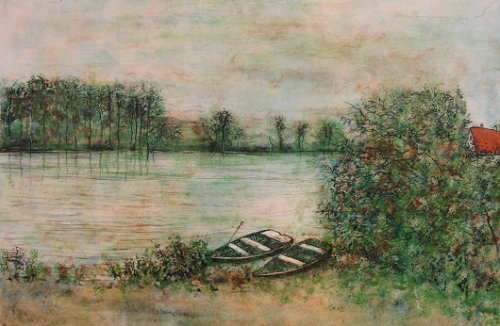 リトグラフ 版画非売品額装 直筆サイン 風景画ベルナールガントナー湖畔