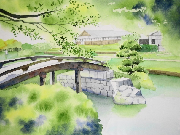 太鼓橋の架かる日本庭園: ごくさんの透明水彩画