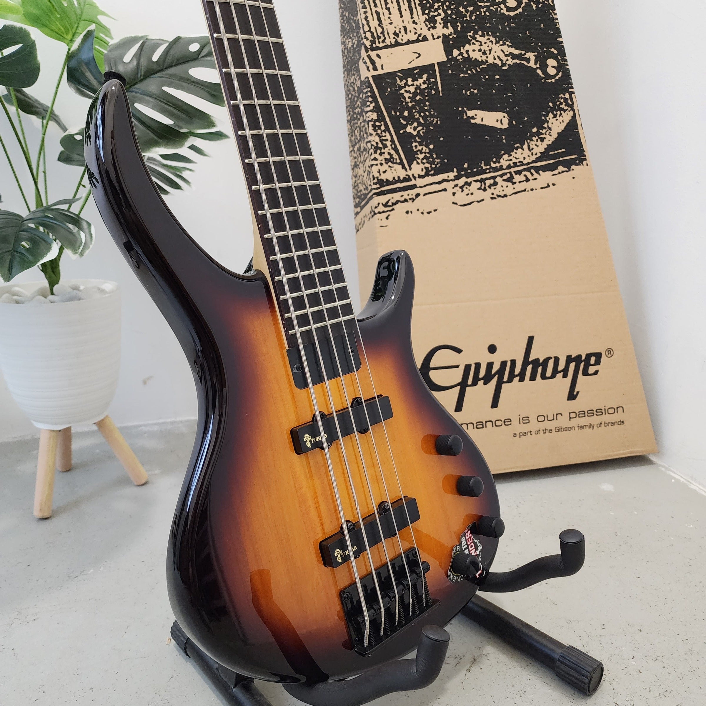 Epiphone Toby Deluxe V 5 String Bass Guitar, Vintage Sunburst