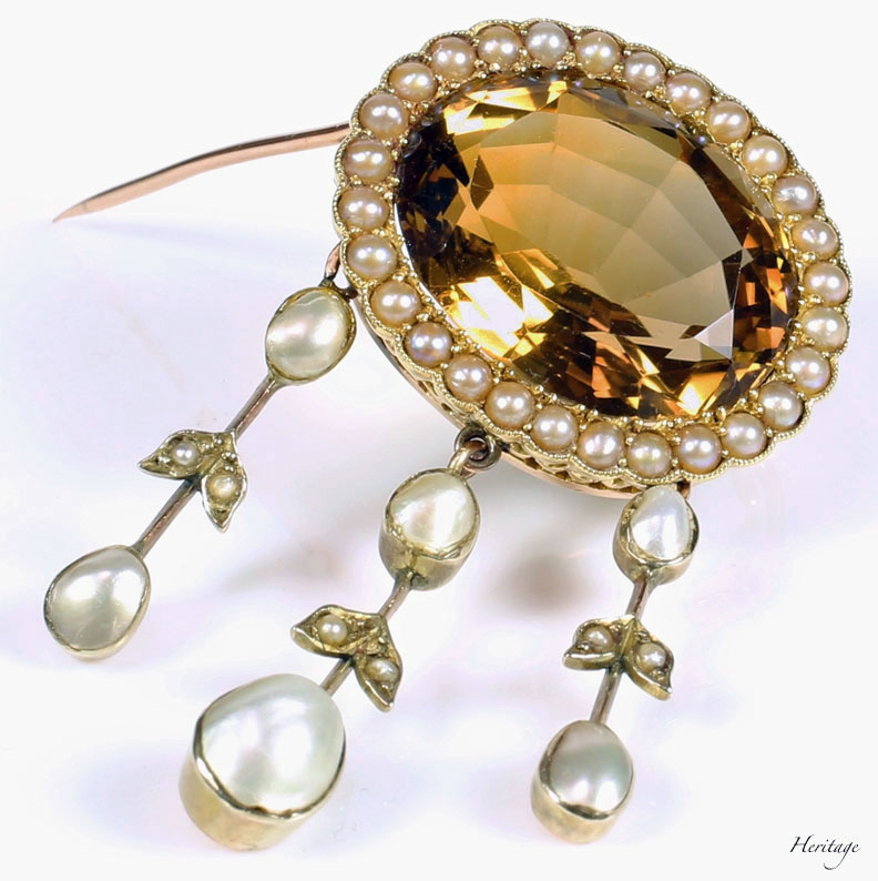 非加熱シトリンと天然マベ真珠のヴィクトリアンのブローチ＆ペンダント