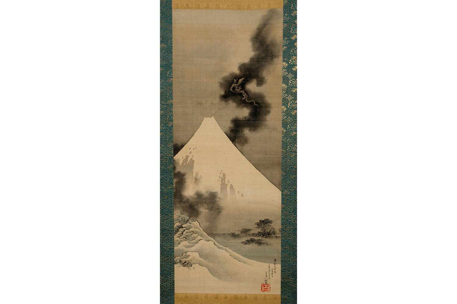 江戸末期一刀彫り高浮彫『渓流龍人物風景図』 木造彩漆金箔張る 欄間