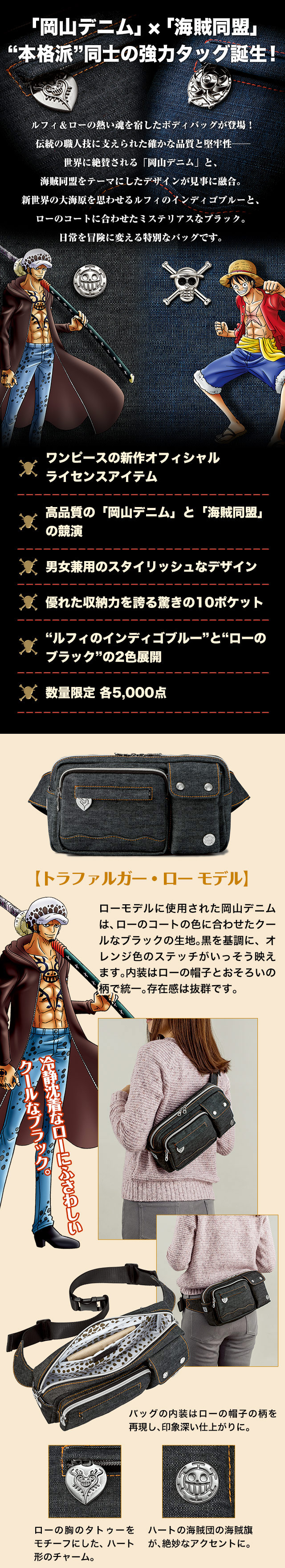 プレミコ】ワンピース 岡山デニム×海賊同盟 多機能ボディバッグ