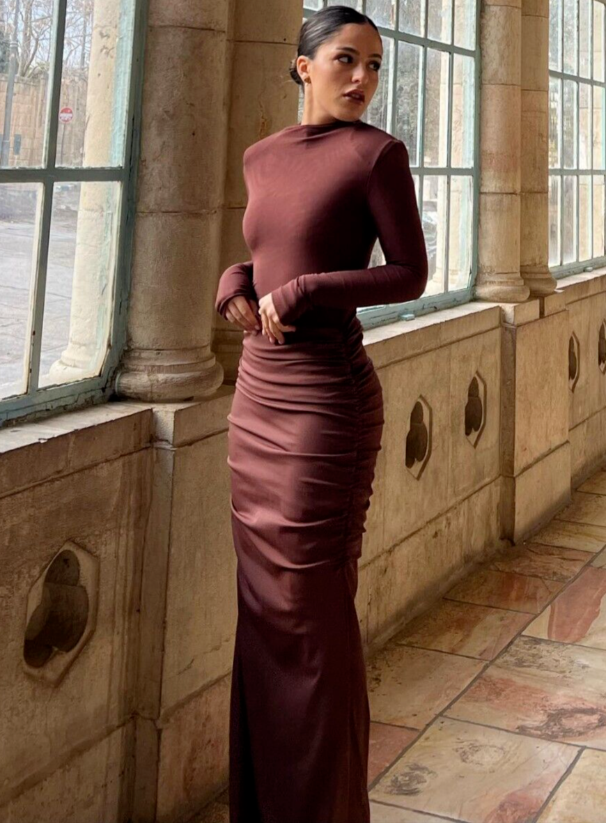 Zara Long Draped Dress Tobacco Brown Maroon Burgundy Size XS S M L
