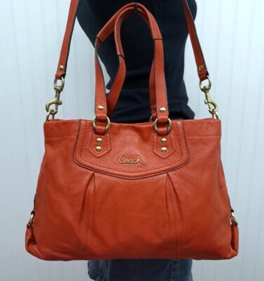 Coach F19247 Ashley Orange Pink Coral Leather Satchel Handbag