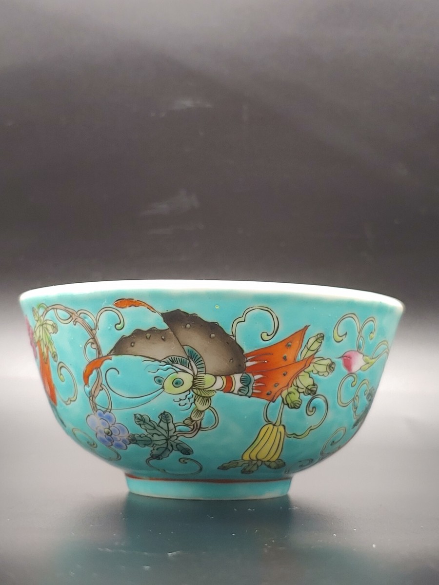 中国 清時代 大清光緒年製款 藍釉 蝶花文 彩絵 碗 一対 中国 清時代 大