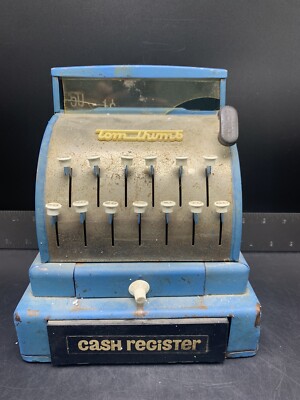 Vintage Tom Thumb Toy Cash Register; Metal, Blue, Works & Rings