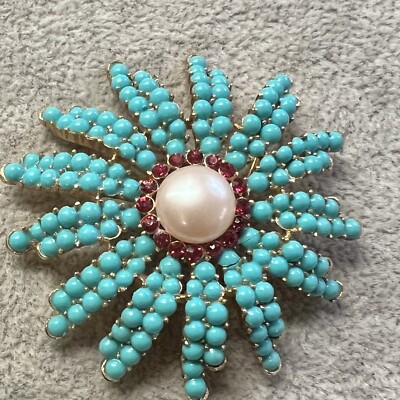 RARE 60'S CROWN TRIFARI TURQUOISE FAUX PEARL RED RHINESTONE