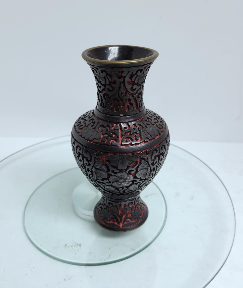 中国黒堆朱花瓶雲龍文骨董品