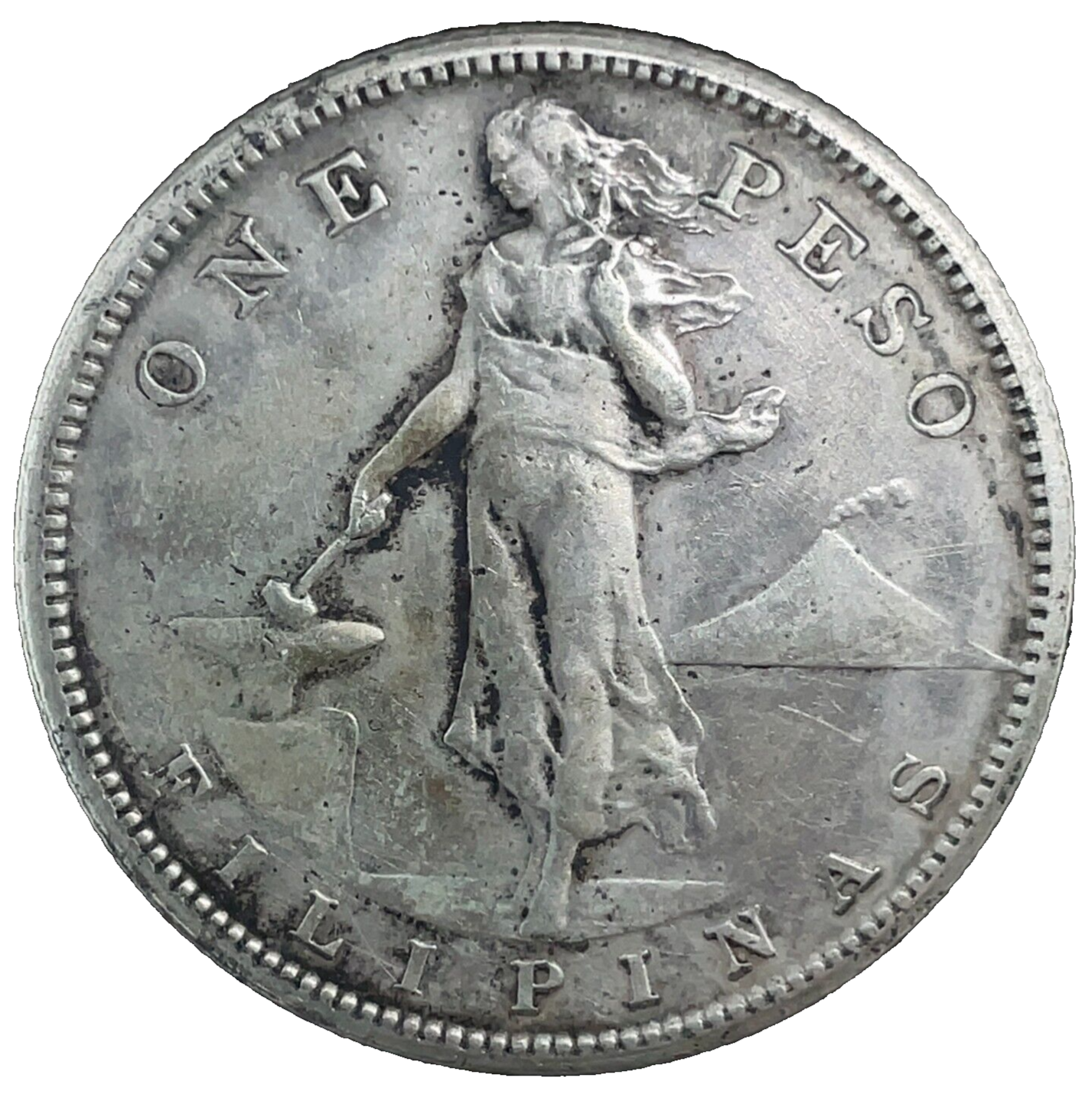 1909年 アメリカ領フィリピン 1ペソ銀貨 火山 乙女 古銭 希少硬貨 1909