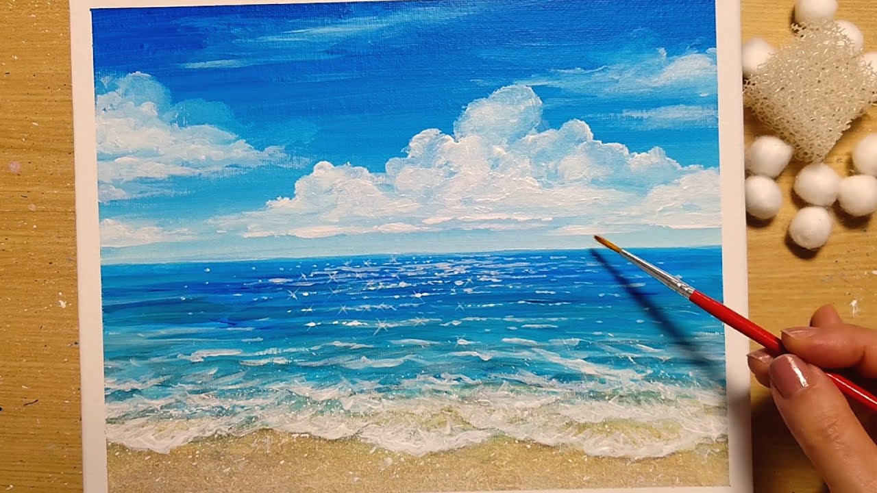 水彩画 海の絵 How to draw [Summer sky and sea] with acrylic paint