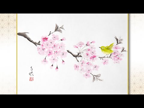 水墨画 山水風景 漁師 桜の木 水墨画 山水風景 漁師 桜の木 No.23「桜」を