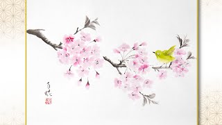 水墨画 山水風景 漁師 桜の木 水墨画 山水風景 漁師 桜の木 水墨画