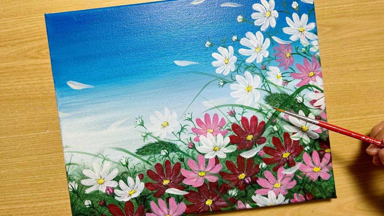 コスモス畑の風景画（油絵肉筆画）975×720 コスモス畑の風景画（