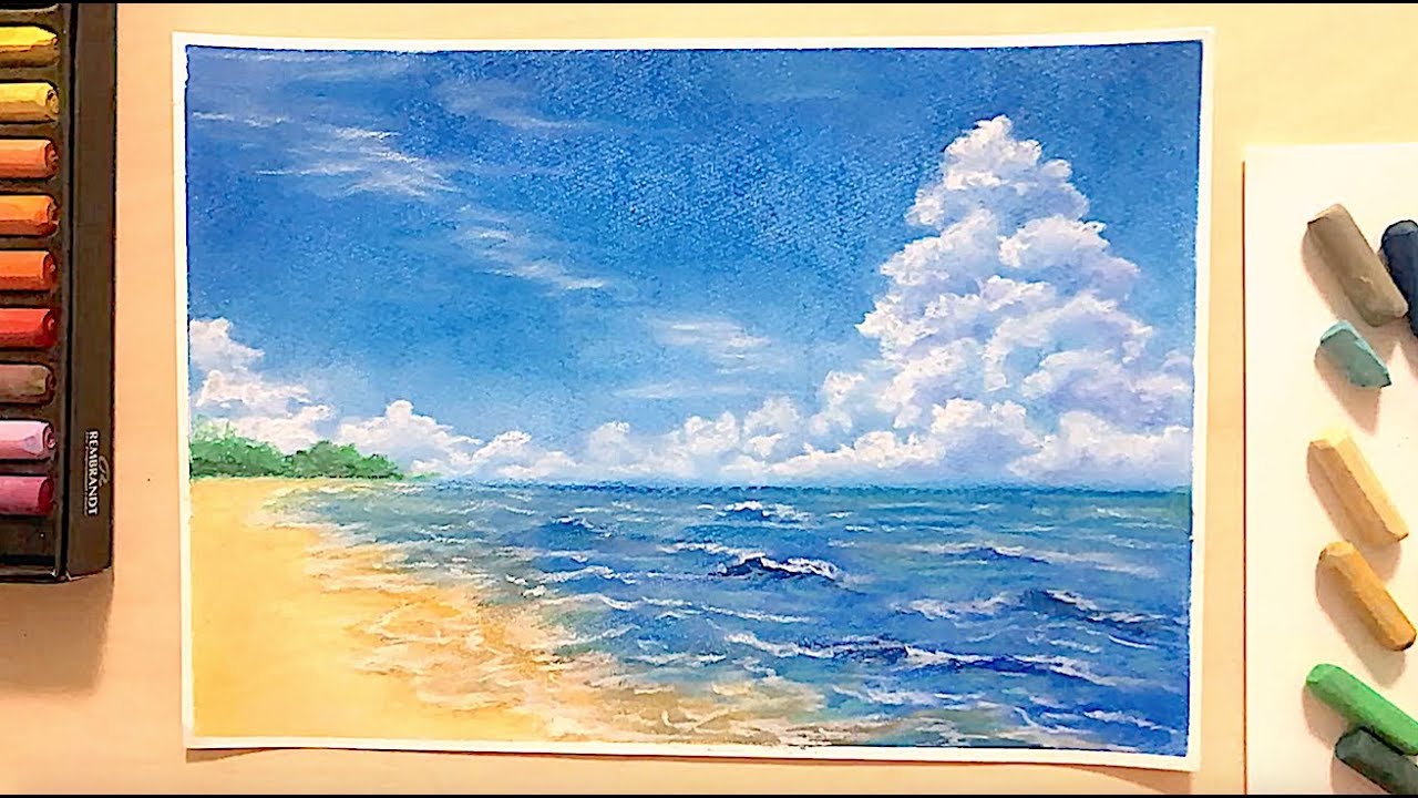 パステル画 海と木々を描いてみました。B5サイズです。 パステル画 海