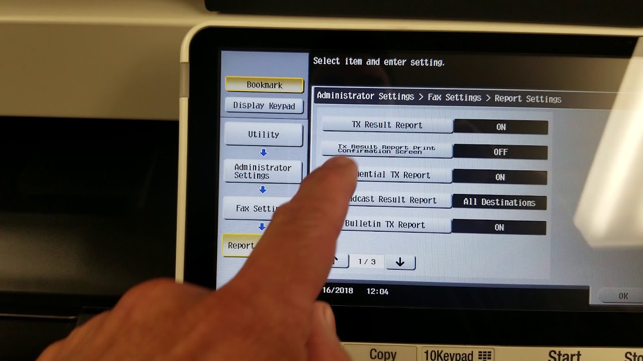 Konica Minolta bizhub c454e fax confirmation report settings - YouTube