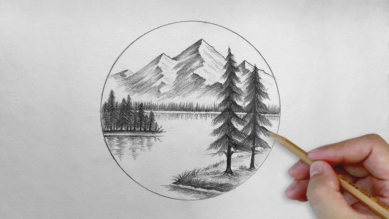 風景画 鉛筆画 Landscape Sketch | Drawing a mountain and Lake with